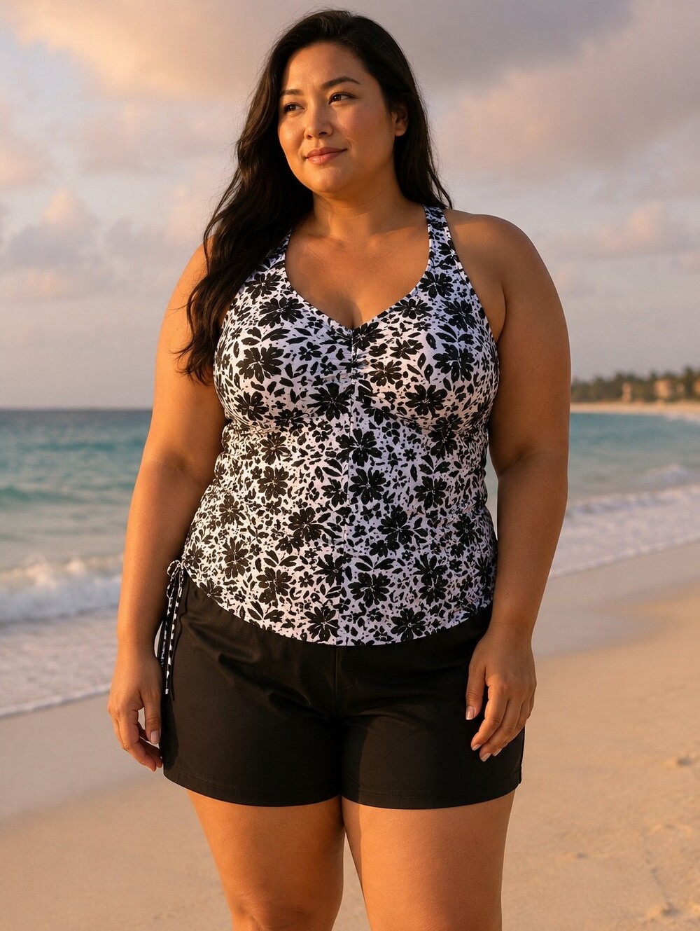Tankini Shorts White Black 2XL Floral‎ Criss Cross Back NWT by Halcurt